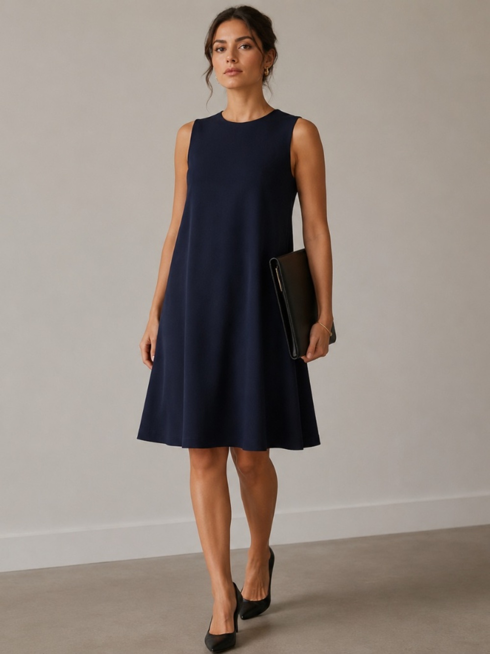 Norma Kamali Navy Sleeveless Swing Shift Dress Pockets Sz L Packable Career